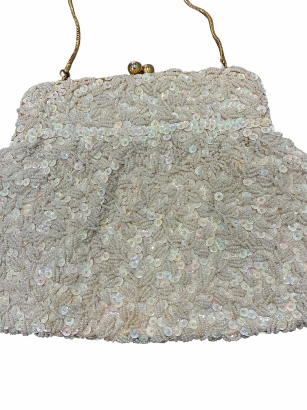 Vintage Hand Beaded Evening Bag with Gold Tone Chain and Faux Diamond Clasp - Picture 8 of 10